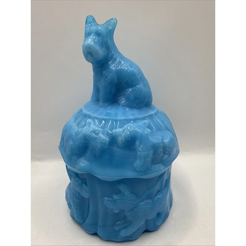 Vtg Akro Agate SCOTTISH TERRIER Trinket Box Luscious Blue Slag Glass EUC